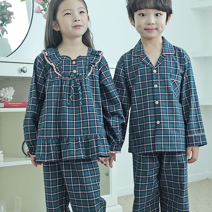 600439 아동잠옷 초등학생 잠옷 가을 겨울 체크 파자마 면
